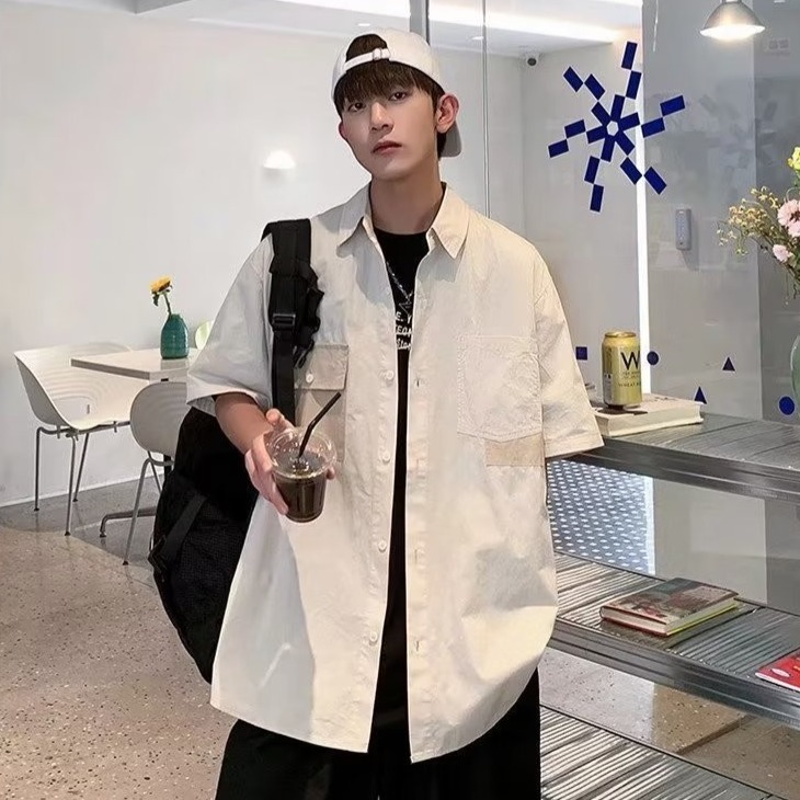 『癮品流行』男生翻領襯衣 五分袖上衣 襯衫外套 純色襯衫 原宿風 設計感多口袋 休閒百搭 M-2XL-細節圖4