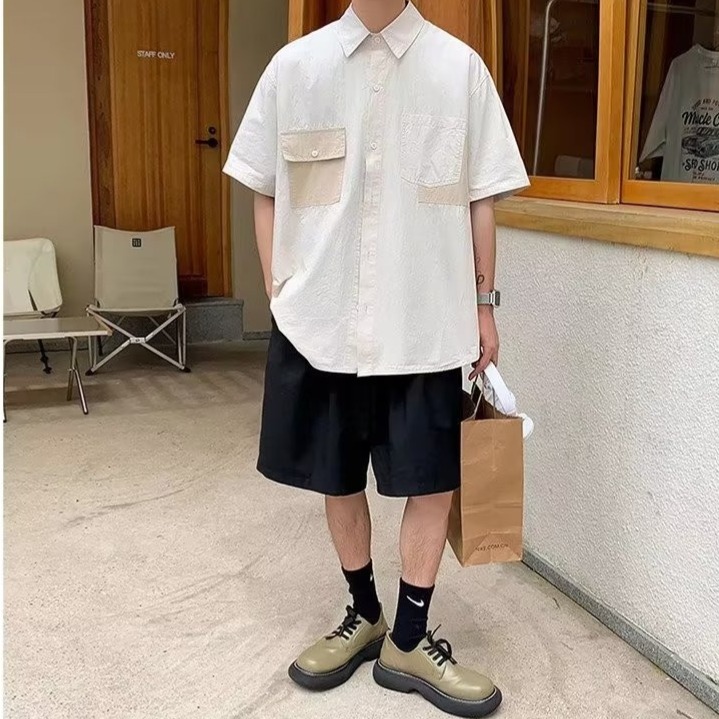 『癮品流行』男生翻領襯衣 五分袖上衣 襯衫外套 純色襯衫 原宿風 設計感多口袋 休閒百搭 M-2XL-細節圖5