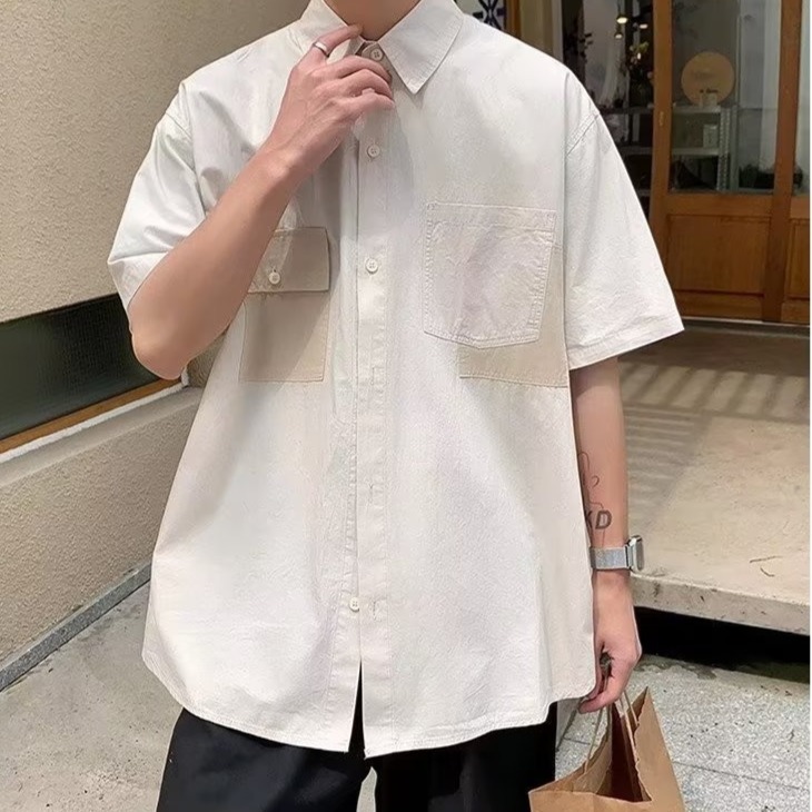 『癮品流行』男生翻領襯衣 五分袖上衣 襯衫外套 純色襯衫 原宿風 設計感多口袋 休閒百搭 M-2XL-細節圖6