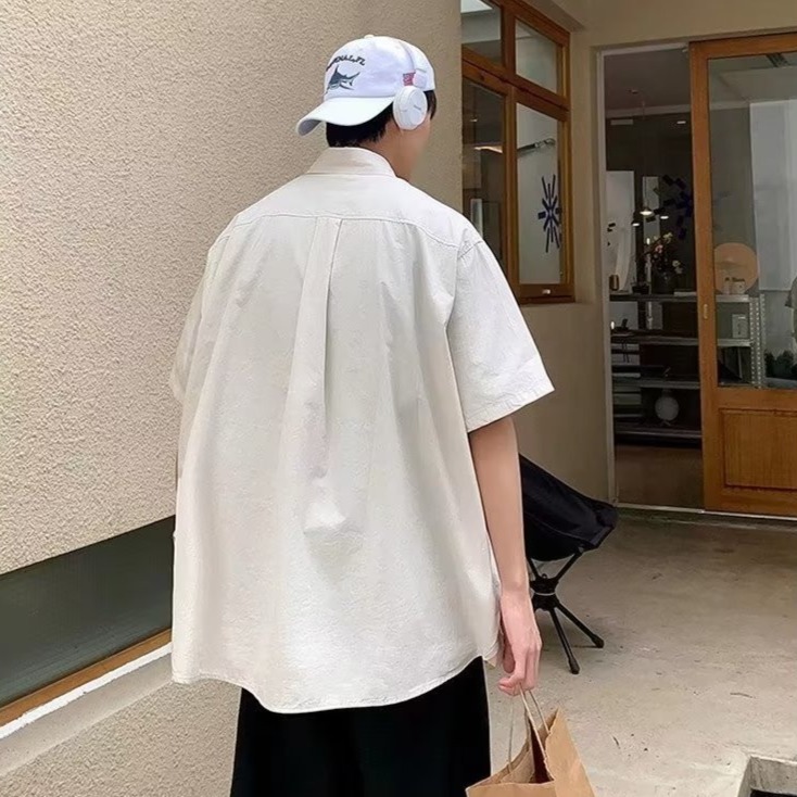 『癮品流行』男生翻領襯衣 五分袖上衣 襯衫外套 純色襯衫 原宿風 設計感多口袋 休閒百搭 M-2XL-細節圖7