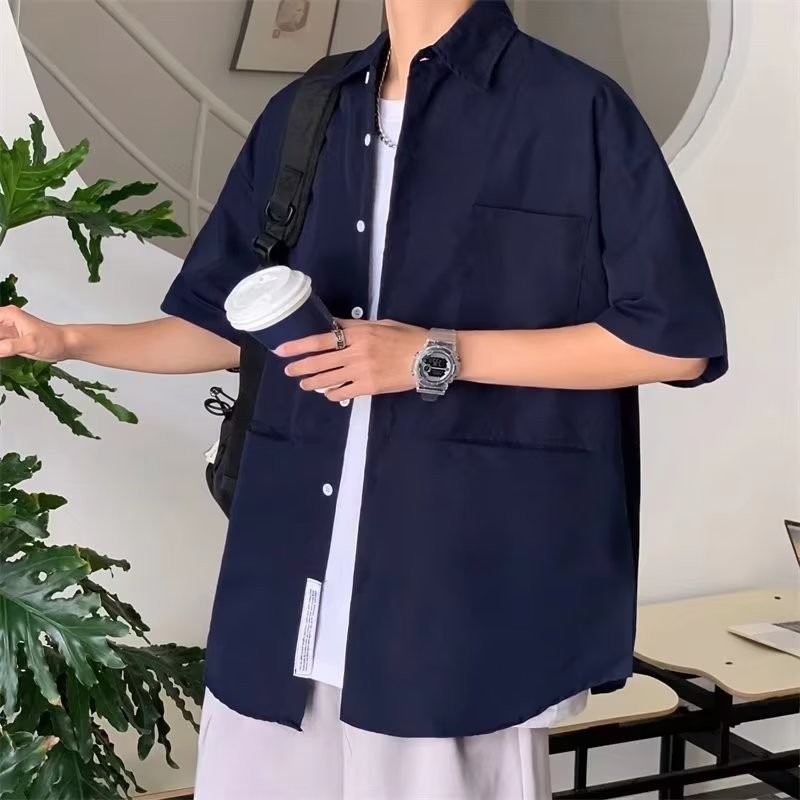 『癮品流行』夏季薄款 冰絲透氣 男生短袖襯衫 襯衫外套 翻領上衣 短袖襯衣 原宿風 休閒百搭 M-3XL-細節圖7