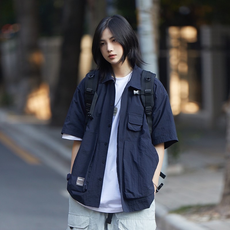 『癮品流行』日系工裝襯衫 夏季襯衫 翻領上衣 五分袖襯衣 設計感多口袋 休閒百搭 男女同款 M-3XL-細節圖4