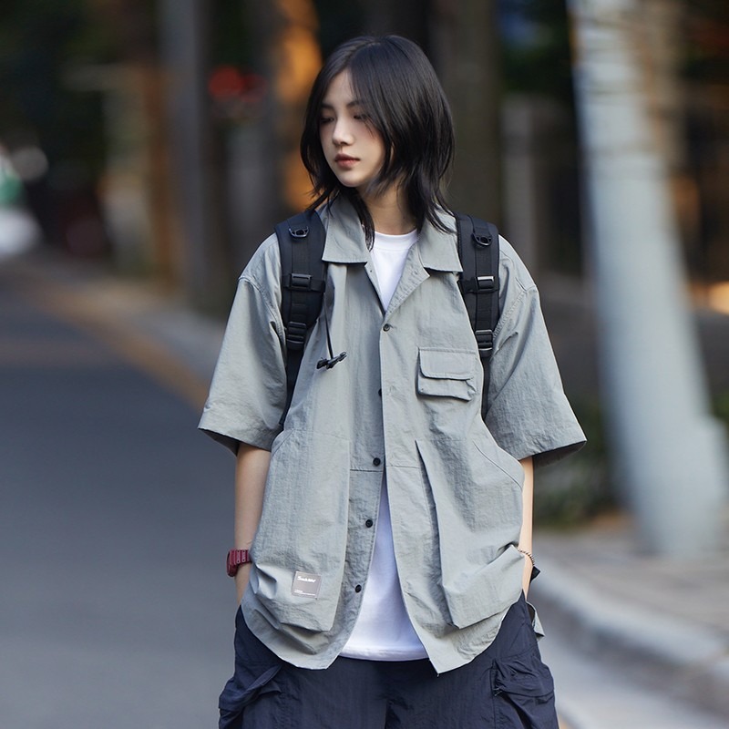 『癮品流行』日系工裝襯衫 夏季襯衫 翻領上衣 五分袖襯衣 設計感多口袋 休閒百搭 男女同款 M-3XL-細節圖6
