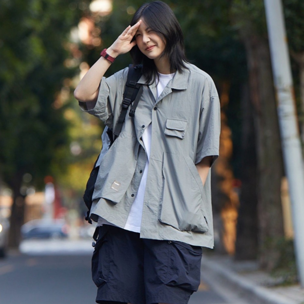 『癮品流行』日系工裝襯衫 夏季襯衫 翻領上衣 五分袖襯衣 設計感多口袋 休閒百搭 男女同款 M-3XL-細節圖7