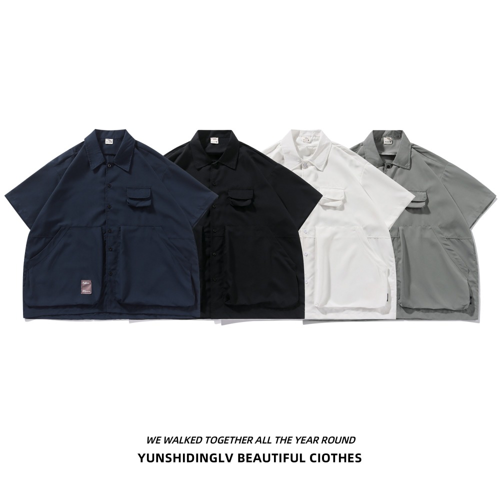 『癮品流行』日系工裝襯衫 夏季襯衫 翻領上衣 五分袖襯衣 設計感多口袋 休閒百搭 男女同款 M-3XL-細節圖9