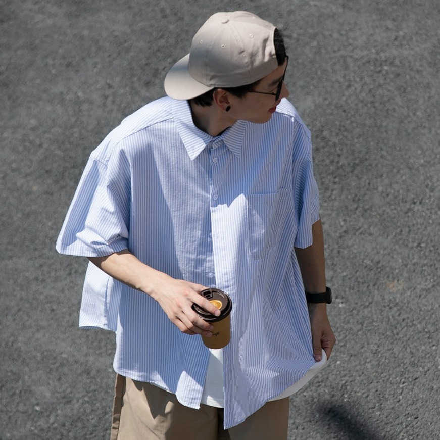 『癮品流行』日系條紋襯衫男夏季薄款 翻領襯衣 五分袖上衣 襯衫外套 原宿風 設計感痞帥 休閒百搭 M-2XL-細節圖3