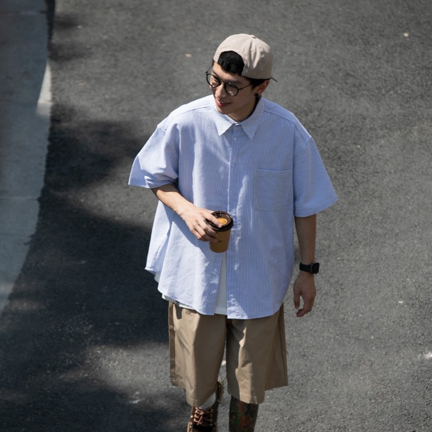 『癮品流行』日系條紋襯衫男夏季薄款 翻領襯衣 五分袖上衣 襯衫外套 原宿風 設計感痞帥 休閒百搭 M-2XL-細節圖4