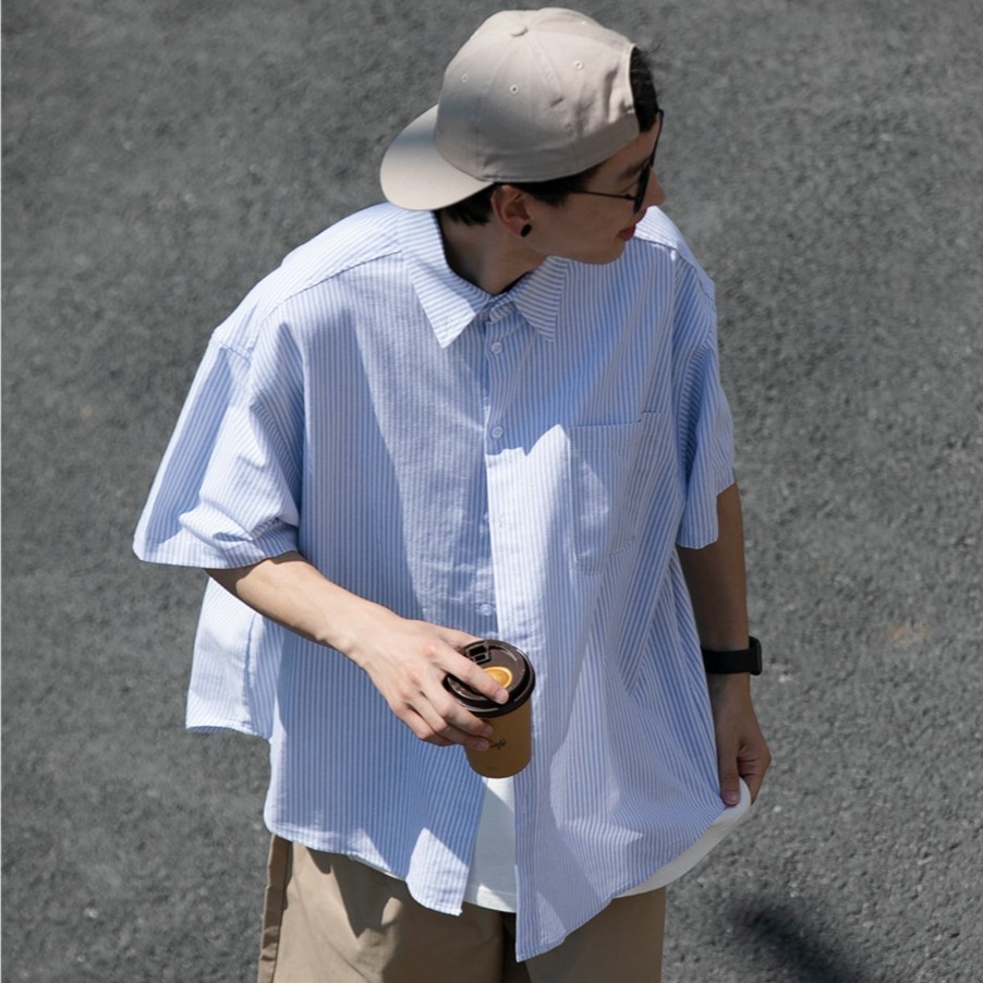 『癮品流行』日系條紋襯衫男夏季薄款 翻領襯衣 五分袖上衣 襯衫外套 原宿風 設計感痞帥 休閒百搭 M-2XL-細節圖5