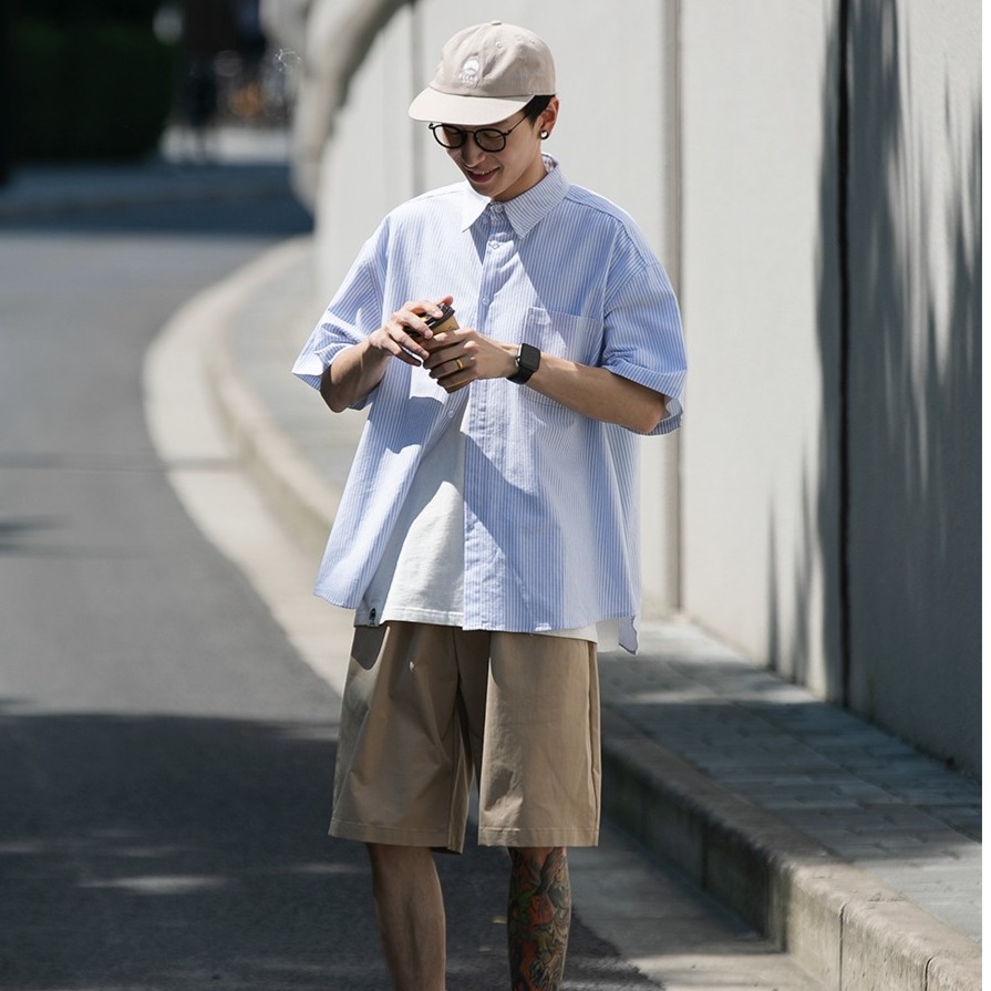 『癮品流行』日系條紋襯衫男夏季薄款 翻領襯衣 五分袖上衣 襯衫外套 原宿風 設計感痞帥 休閒百搭 M-2XL-細節圖6