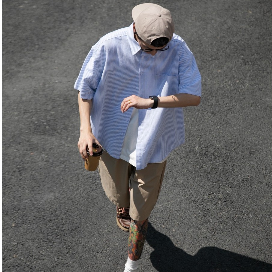 『癮品流行』日系條紋襯衫男夏季薄款 翻領襯衣 五分袖上衣 襯衫外套 原宿風 設計感痞帥 休閒百搭 M-2XL-細節圖7