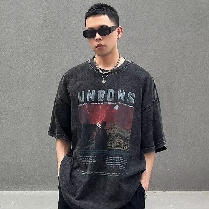 『癮品流行』男生夏季短袖T恤 美式復古高街水洗做舊純棉T恤 圓領上衣 五分袖 休閒百搭 設計感痞帥 M-3XL-細節圖3