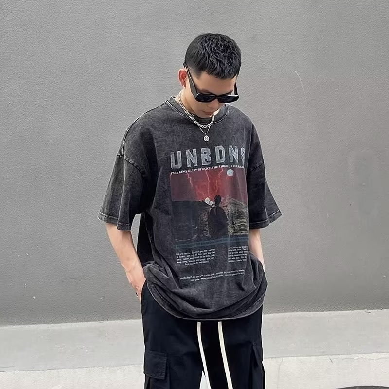 『癮品流行』男生夏季短袖T恤 美式復古高街水洗做舊純棉T恤 圓領上衣 五分袖 休閒百搭 設計感痞帥 M-3XL-細節圖4