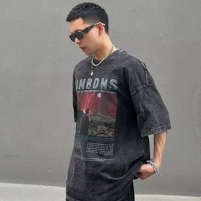 『癮品流行』男生夏季短袖T恤 美式復古高街水洗做舊純棉T恤 圓領上衣 五分袖 休閒百搭 設計感痞帥 M-3XL-細節圖5