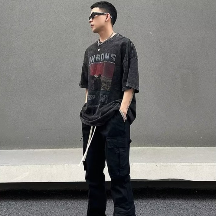 『癮品流行』男生夏季短袖T恤 美式復古高街水洗做舊純棉T恤 圓領上衣 五分袖 休閒百搭 設計感痞帥 M-3XL-細節圖7
