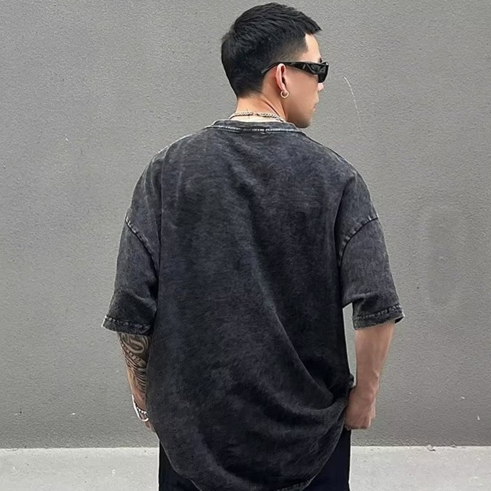 『癮品流行』男生夏季短袖T恤 美式復古高街水洗做舊純棉T恤 圓領上衣 五分袖 休閒百搭 設計感痞帥 M-3XL-細節圖8