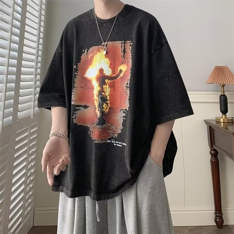 『癮品流行』美式高街做舊水洗復古純棉T恤 圓領上衣 五分袖 男生潮流T恤 夏季短袖T恤 休閒百搭 設計感 M-3XL-細節圖3