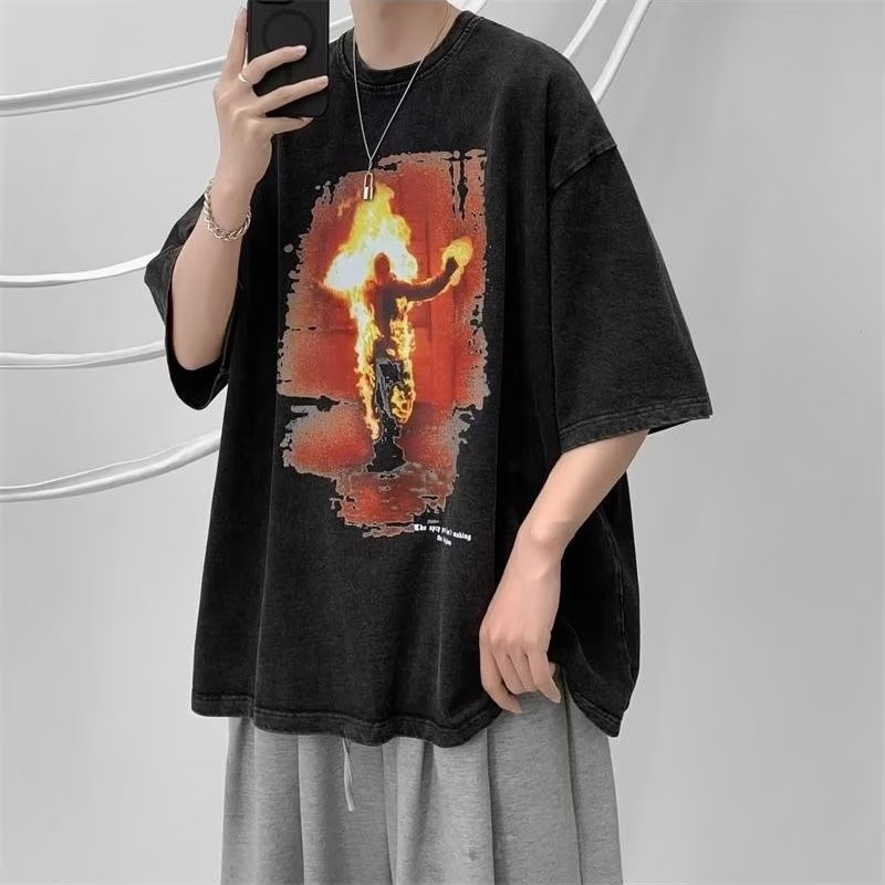 『癮品流行』美式高街做舊水洗復古純棉T恤 圓領上衣 五分袖 男生潮流T恤 夏季短袖T恤 休閒百搭 設計感 M-3XL-細節圖4