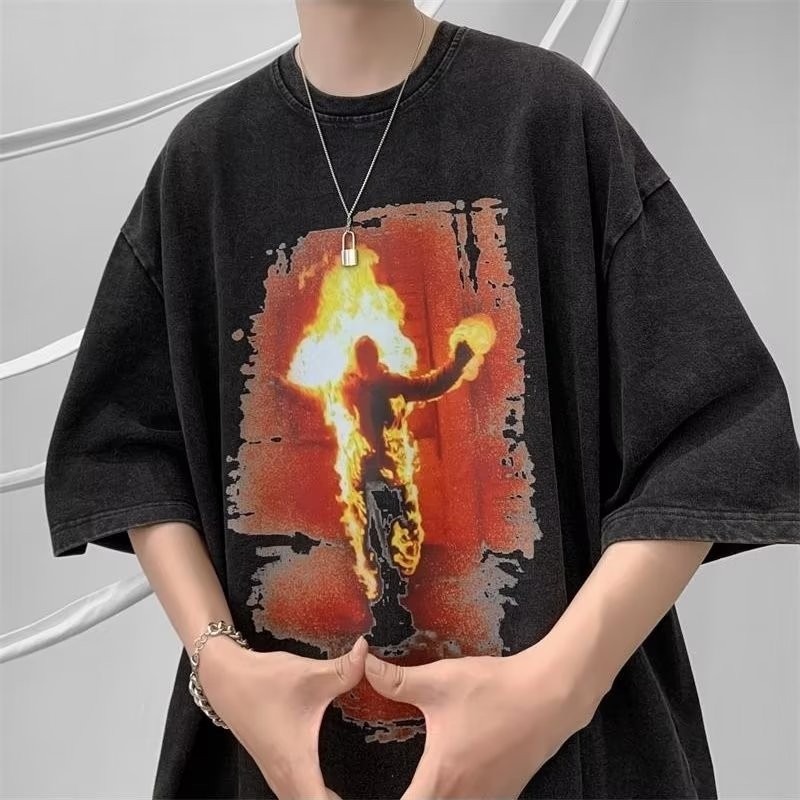 『癮品流行』美式高街做舊水洗復古純棉T恤 圓領上衣 五分袖 男生潮流T恤 夏季短袖T恤 休閒百搭 設計感 M-3XL-細節圖5