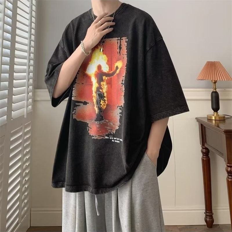 『癮品流行』美式高街做舊水洗復古純棉T恤 圓領上衣 五分袖 男生潮流T恤 夏季短袖T恤 休閒百搭 設計感 M-3XL-細節圖6