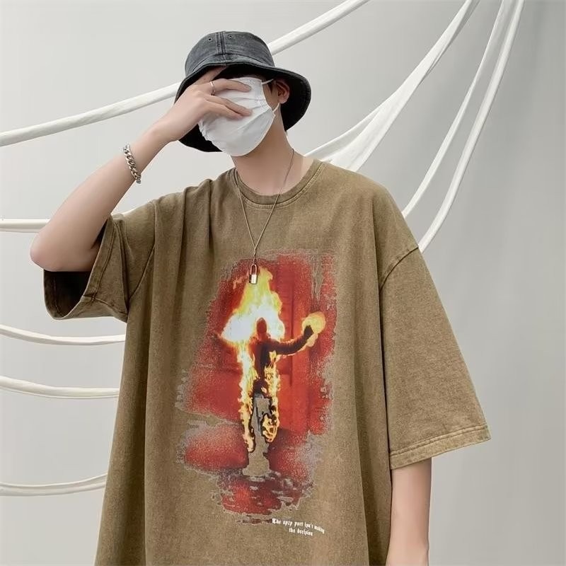 『癮品流行』美式高街做舊水洗復古純棉T恤 圓領上衣 五分袖 男生潮流T恤 夏季短袖T恤 休閒百搭 設計感 M-3XL-細節圖7