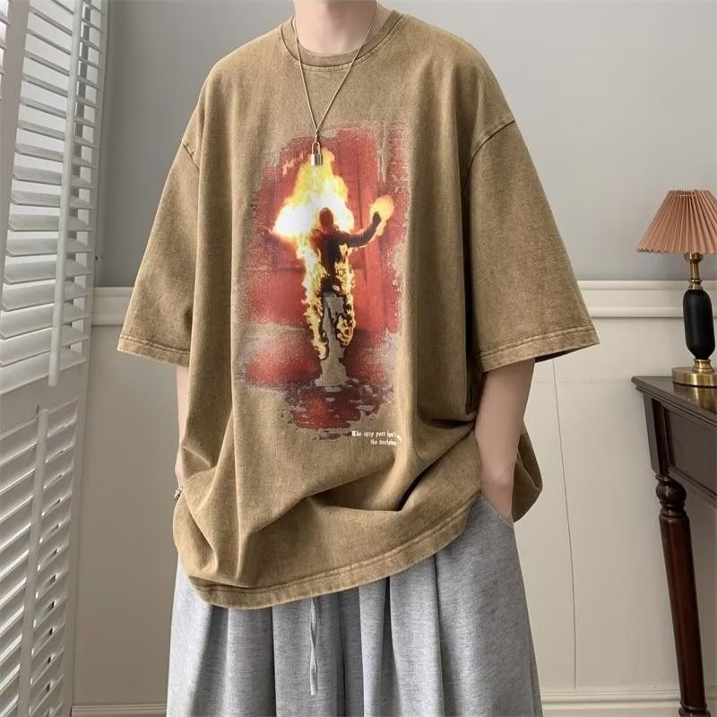 『癮品流行』美式高街做舊水洗復古純棉T恤 圓領上衣 五分袖 男生潮流T恤 夏季短袖T恤 休閒百搭 設計感 M-3XL-細節圖8