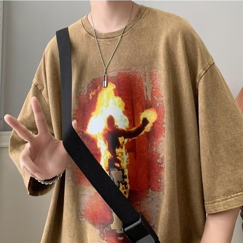 『癮品流行』美式高街做舊水洗復古純棉T恤 圓領上衣 五分袖 男生潮流T恤 夏季短袖T恤 休閒百搭 設計感 M-3XL-細節圖9