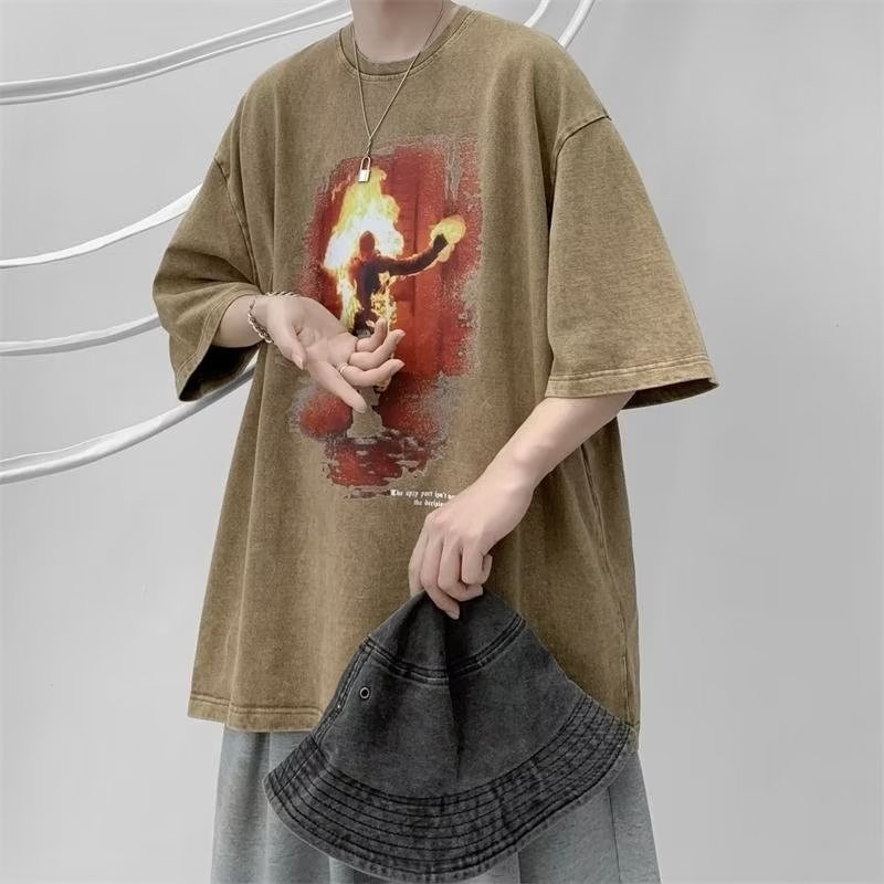 『癮品流行』美式高街做舊水洗復古純棉T恤 圓領上衣 五分袖 男生潮流T恤 夏季短袖T恤 休閒百搭 設計感 M-3XL-細節圖10