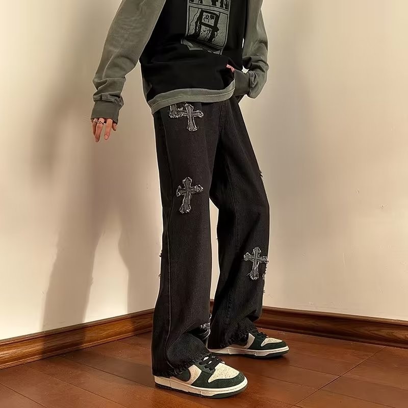 『癮品流行』歐美高街復古牛仔褲 十字架印花牛仔長褲 休閒褲 直筒褲 修身顯腿長 休閒百搭 M-3XL-細節圖4