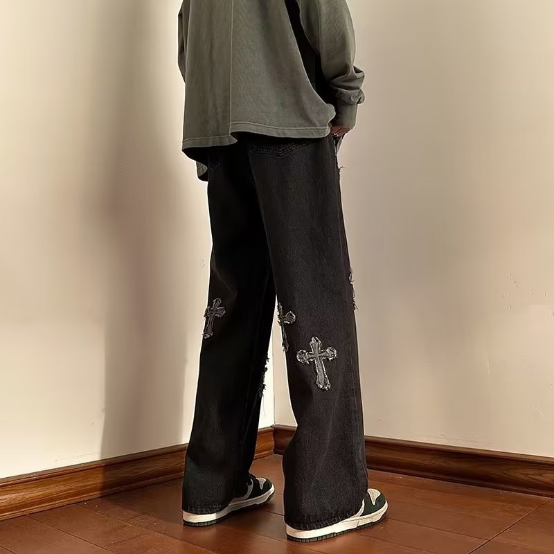 『癮品流行』歐美高街復古牛仔褲 十字架印花牛仔長褲 休閒褲 直筒褲 修身顯腿長 休閒百搭 M-3XL-細節圖5