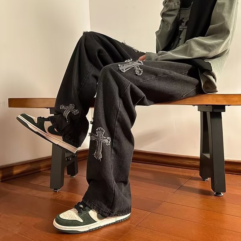 『癮品流行』歐美高街復古牛仔褲 十字架印花牛仔長褲 休閒褲 直筒褲 修身顯腿長 休閒百搭 M-3XL-細節圖6