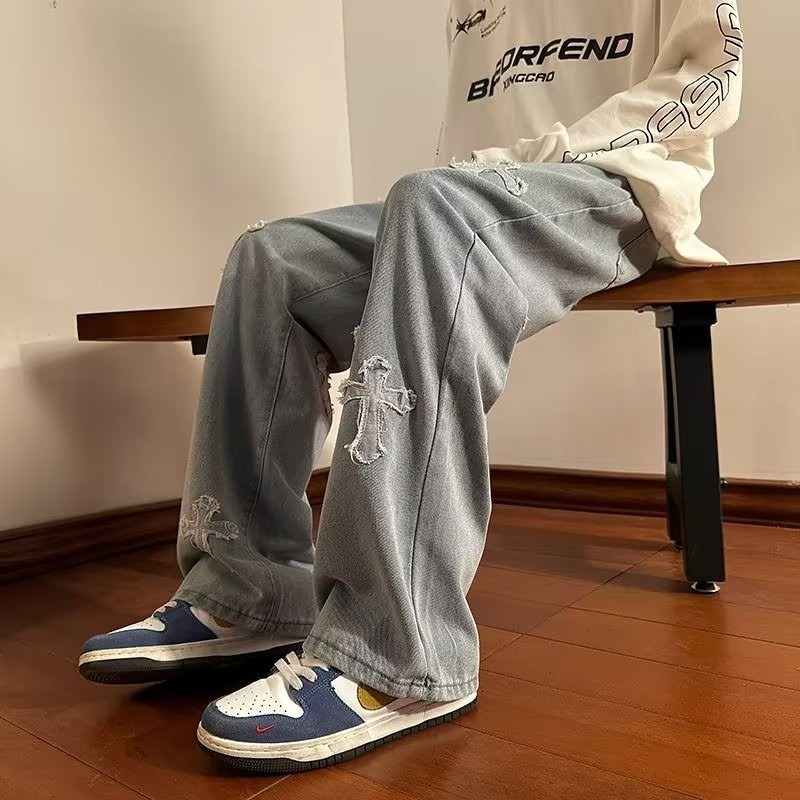 『癮品流行』歐美高街復古牛仔褲 十字架印花牛仔長褲 休閒褲 直筒褲 修身顯腿長 休閒百搭 M-3XL-細節圖7