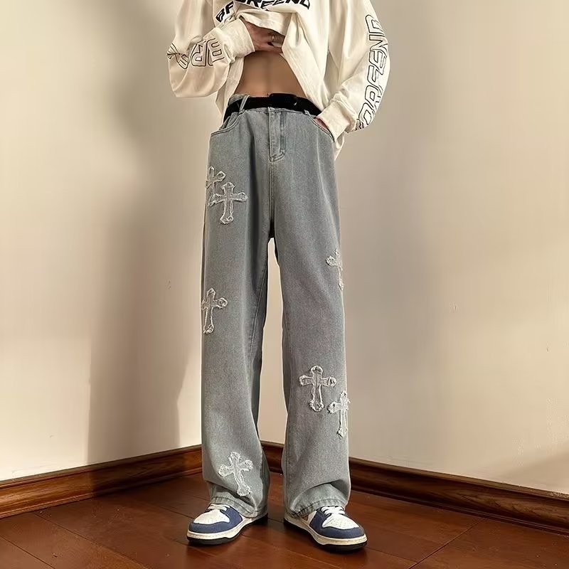 『癮品流行』歐美高街復古牛仔褲 十字架印花牛仔長褲 休閒褲 直筒褲 修身顯腿長 休閒百搭 M-3XL-細節圖10