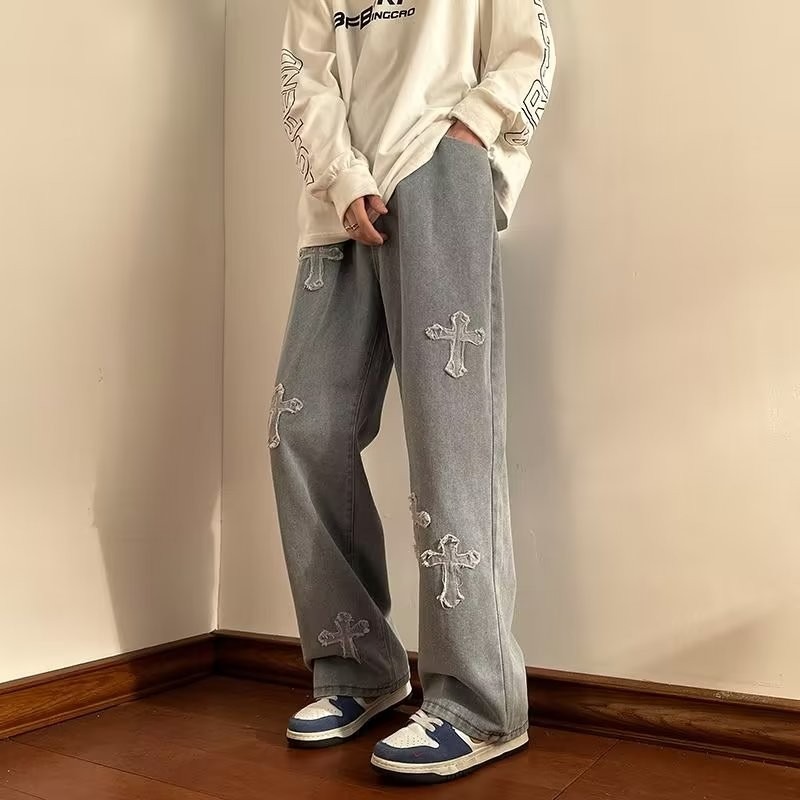 『癮品流行』歐美高街復古牛仔褲 十字架印花牛仔長褲 休閒褲 直筒褲 修身顯腿長 休閒百搭 M-3XL-細節圖11