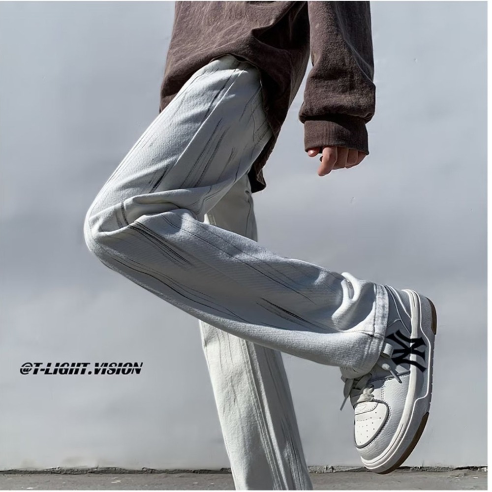 『癮品流行』美式復古高街牛仔長褲 牛仔直筒褲 九分褲 休閒褲 潑墨設計感 純色簡約 休閒百搭 M-3XL-細節圖3