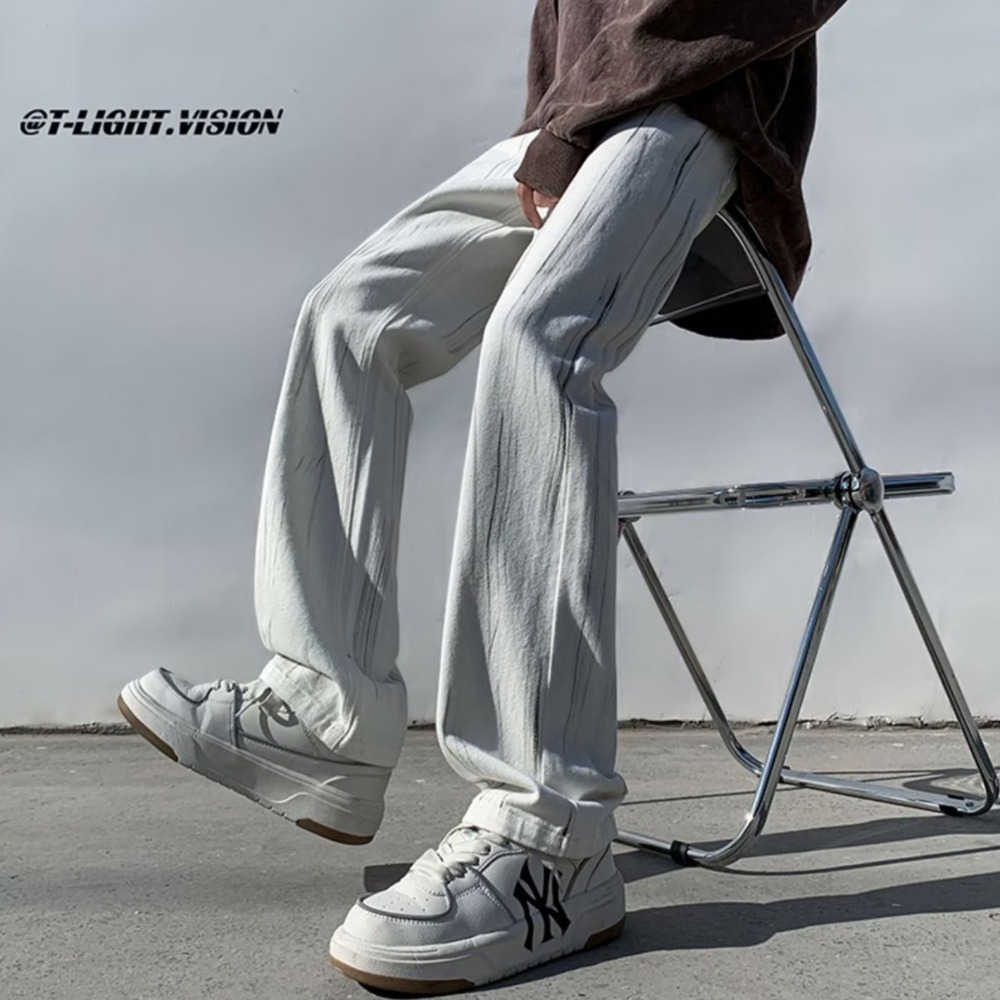 『癮品流行』美式復古高街牛仔長褲 牛仔直筒褲 九分褲 休閒褲 潑墨設計感 純色簡約 休閒百搭 M-3XL-細節圖5