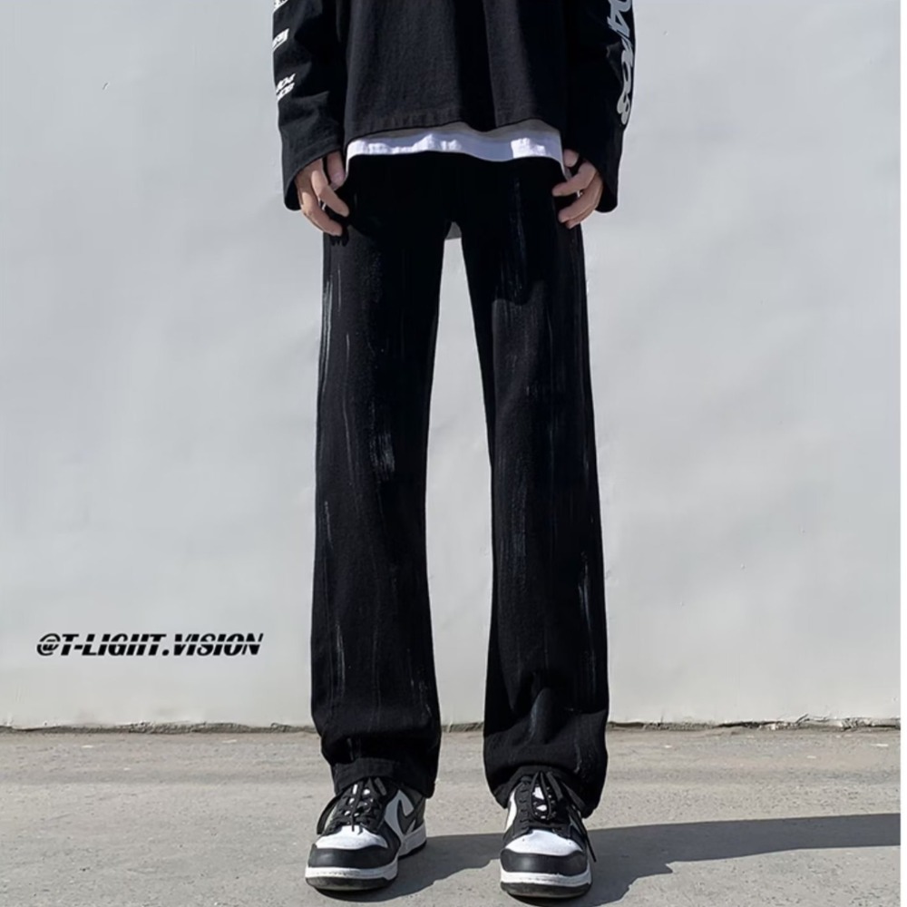 『癮品流行』美式復古高街牛仔長褲 牛仔直筒褲 九分褲 休閒褲 潑墨設計感 純色簡約 休閒百搭 M-3XL-細節圖6