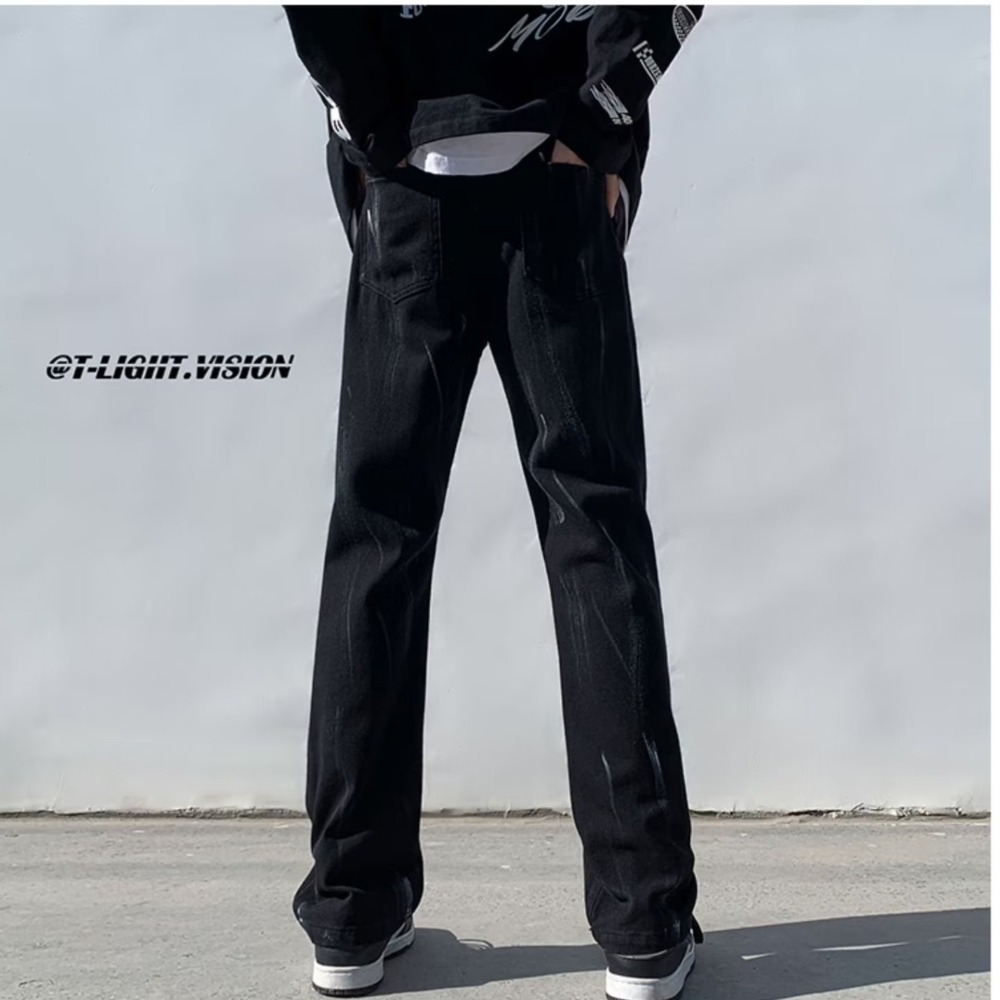 『癮品流行』美式復古高街牛仔長褲 牛仔直筒褲 九分褲 休閒褲 潑墨設計感 純色簡約 休閒百搭 M-3XL-細節圖7