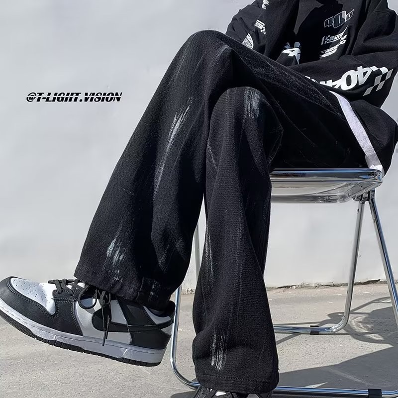 『癮品流行』美式復古高街牛仔長褲 牛仔直筒褲 九分褲 休閒褲 潑墨設計感 純色簡約 休閒百搭 M-3XL-細節圖8