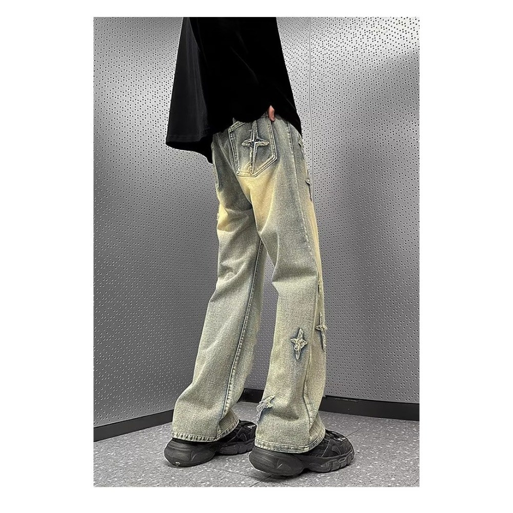 『癮品流行』星星印花 美式復古高街牛仔長褲  夏季長褲 直筒褲 休閒褲 純色簡約 休閒百搭 M-3XL-細節圖4