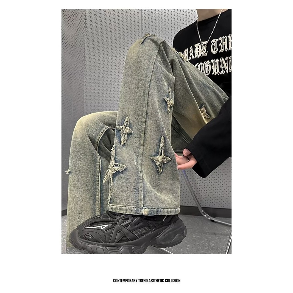 『癮品流行』星星印花 美式復古高街牛仔長褲  夏季長褲 直筒褲 休閒褲 純色簡約 休閒百搭 M-3XL-細節圖5