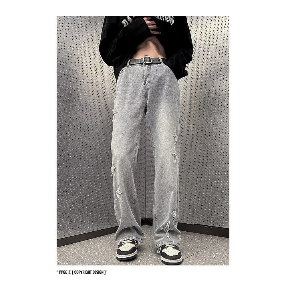 『癮品流行』星星印花 美式復古高街牛仔長褲  夏季長褲 直筒褲 休閒褲 純色簡約 休閒百搭 M-3XL-細節圖6