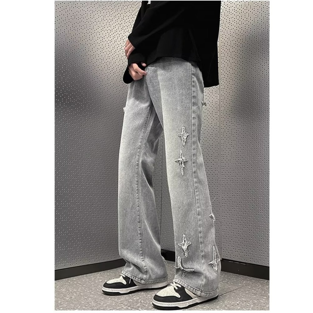 『癮品流行』星星印花 美式復古高街牛仔長褲  夏季長褲 直筒褲 休閒褲 純色簡約 休閒百搭 M-3XL-細節圖7