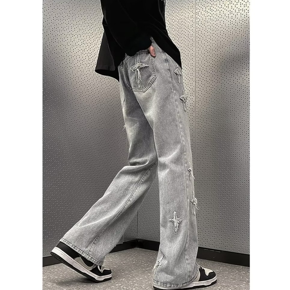 『癮品流行』星星印花 美式復古高街牛仔長褲  夏季長褲 直筒褲 休閒褲 純色簡約 休閒百搭 M-3XL-細節圖8