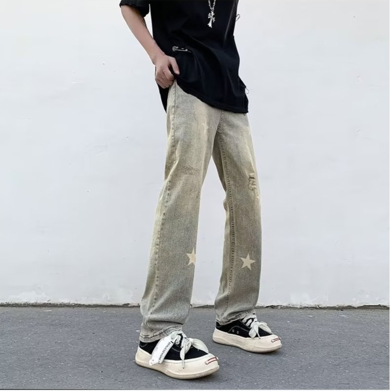 『癮品流行』黃泥色星星印花 美式復古高街牛仔褲 夏季長褲 直筒褲 休閒褲 純色簡約 休閒百搭 設計感 M-3XL-細節圖3