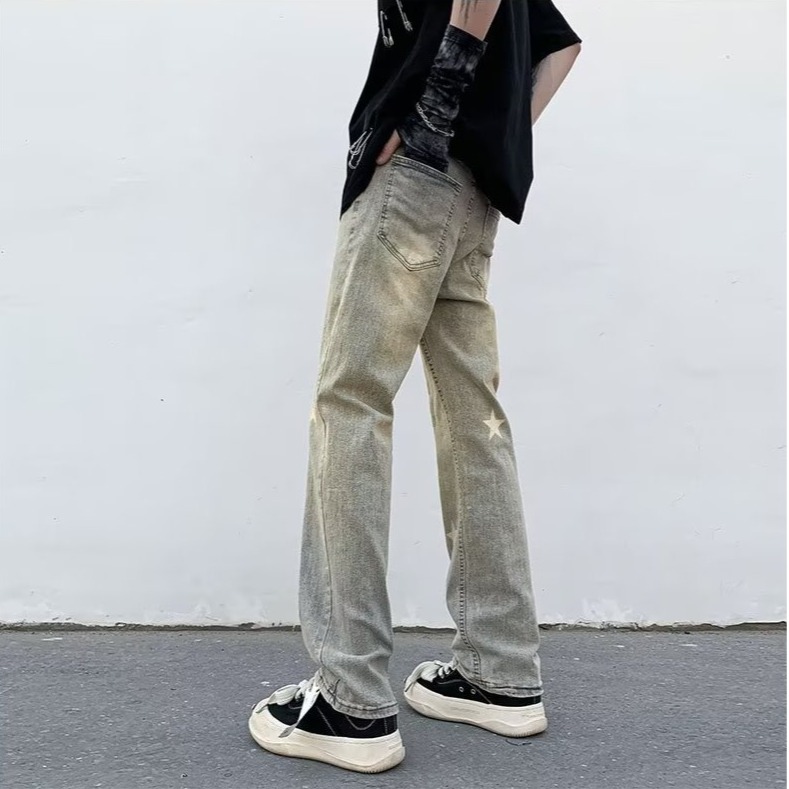 『癮品流行』黃泥色星星印花 美式復古高街牛仔褲 夏季長褲 直筒褲 休閒褲 純色簡約 休閒百搭 設計感 M-3XL-細節圖4