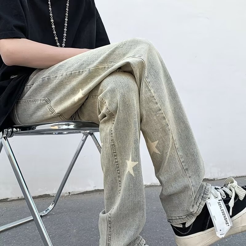 『癮品流行』黃泥色星星印花 美式復古高街牛仔褲 夏季長褲 直筒褲 休閒褲 純色簡約 休閒百搭 設計感 M-3XL-細節圖5