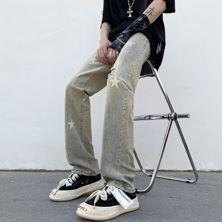 『癮品流行』黃泥色星星印花 美式復古高街牛仔褲 夏季長褲 直筒褲 休閒褲 純色簡約 休閒百搭 設計感 M-3XL-細節圖6