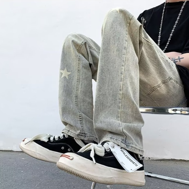 『癮品流行』黃泥色星星印花 美式復古高街牛仔褲 夏季長褲 直筒褲 休閒褲 純色簡約 休閒百搭 設計感 M-3XL-細節圖7