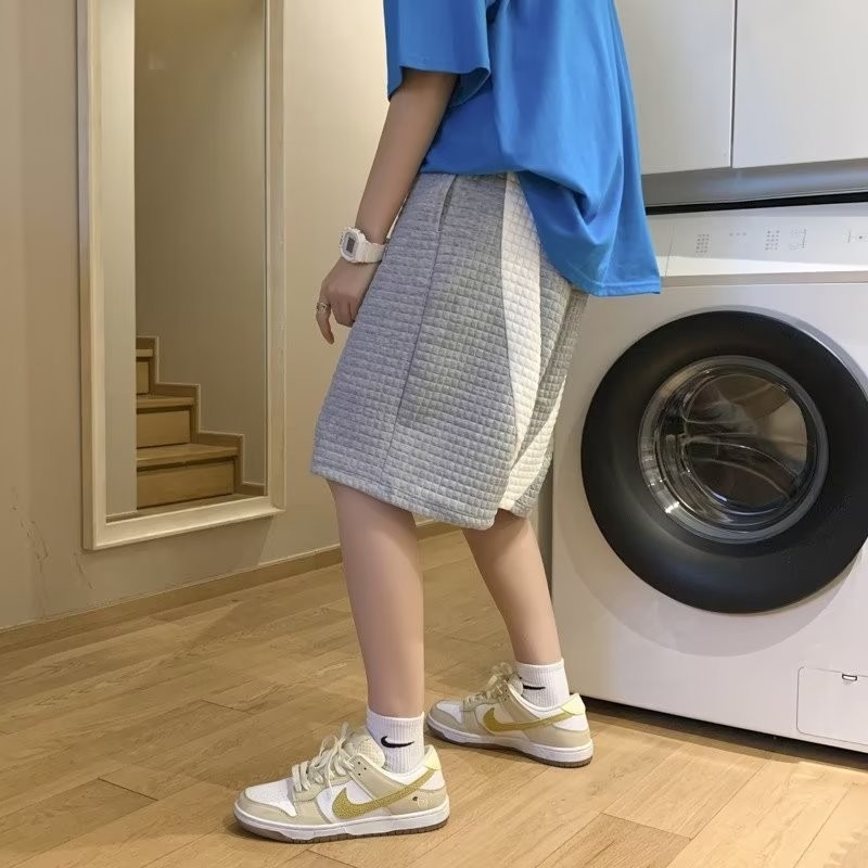 『癮品流行』韓式華夫格短褲 五分褲 休閒短褲 運動短褲 寬鬆闊腿褲 純色簡約 休閒百搭 M-2XL-細節圖4