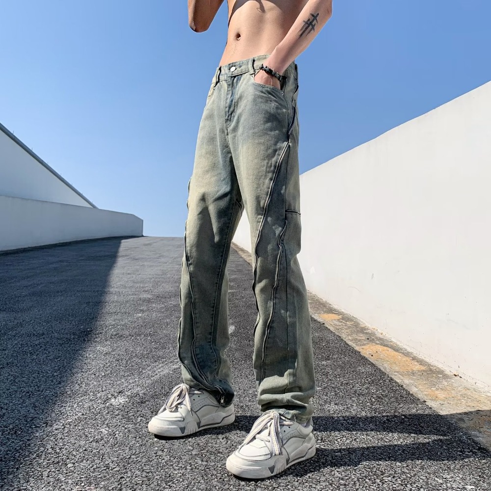 『癮品流行』美式復古高街牛仔長褲 拉鏈設計 泥黃直筒長褲 休閒長褲 修身顯腿長 休閒百搭 S-3XL-細節圖3